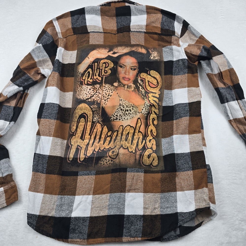 Aaliyah Brand Buffalo Plaid Flannel Shirt Back Graphic Women's Medium R&B
